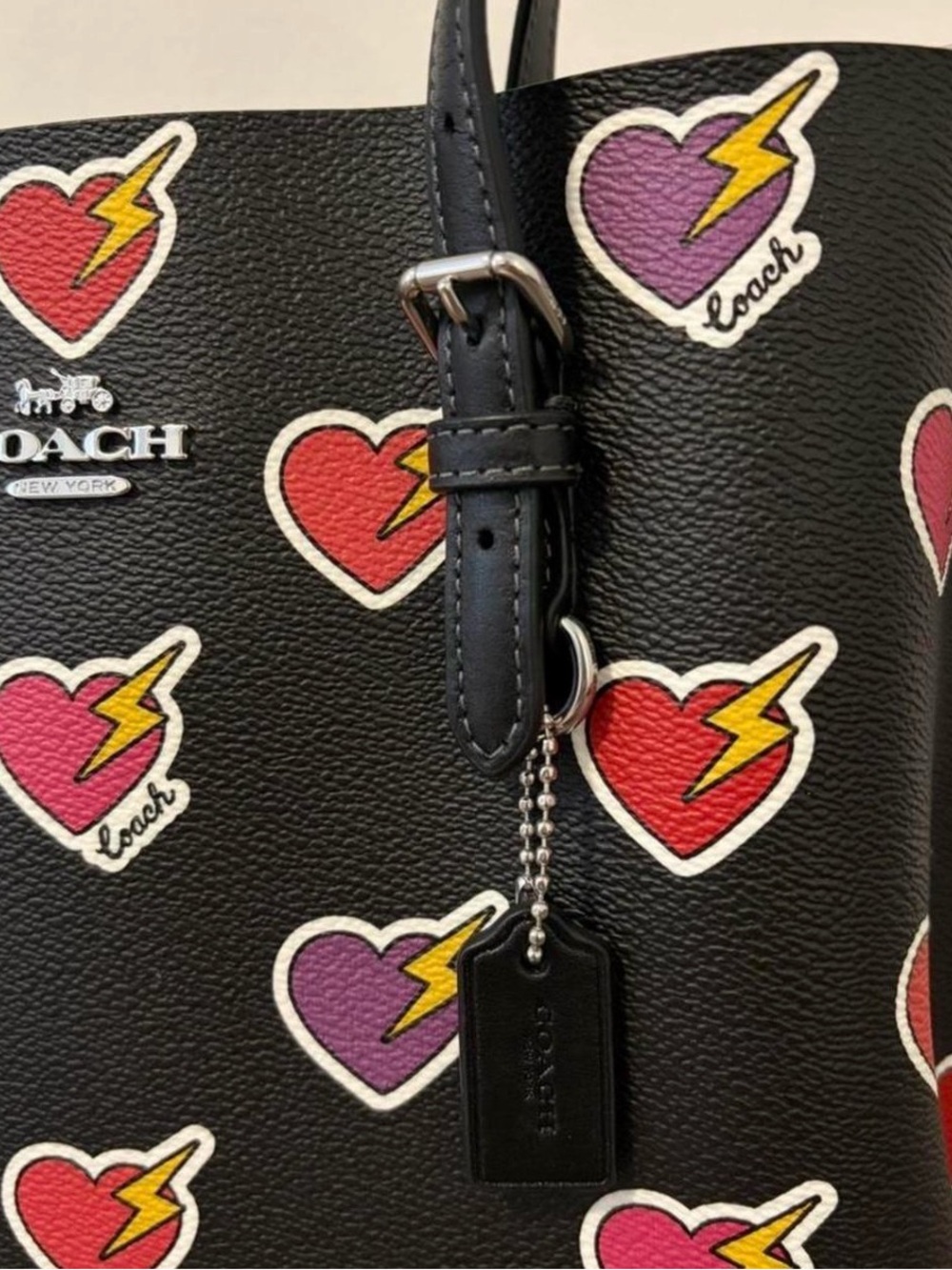 Coach Black Leather Tote with Red, Pink and Purple Heart Lightning Motifs - Picture 2 of 7